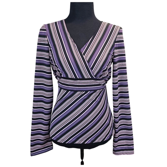 Y2K My Michelle Striped Wrap Top Long Sleeve V-Neck Retro Stretch Blouse Large - Picture 2 of 14